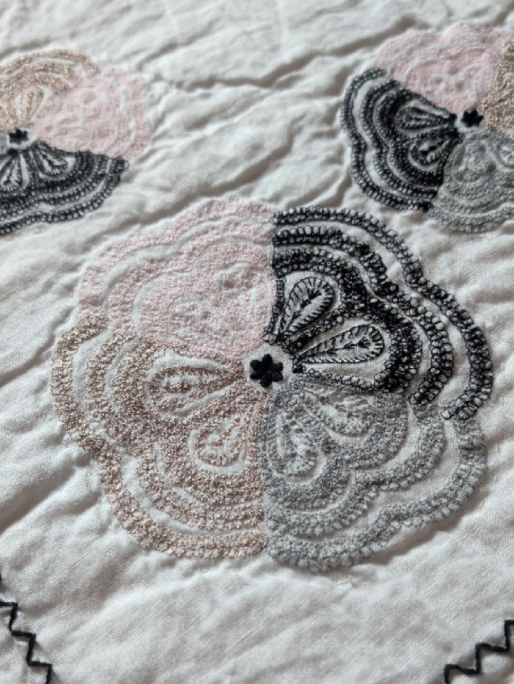 Two Pottery Barn Kids Crib Quilts with Pink and Gray Floral Embroidery - Picture 2 of 5